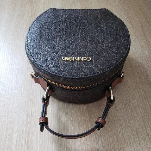 Calvin Klein Dark Brown Monogram Round Crossbody with Tan Handle - Picture 5 of 9
